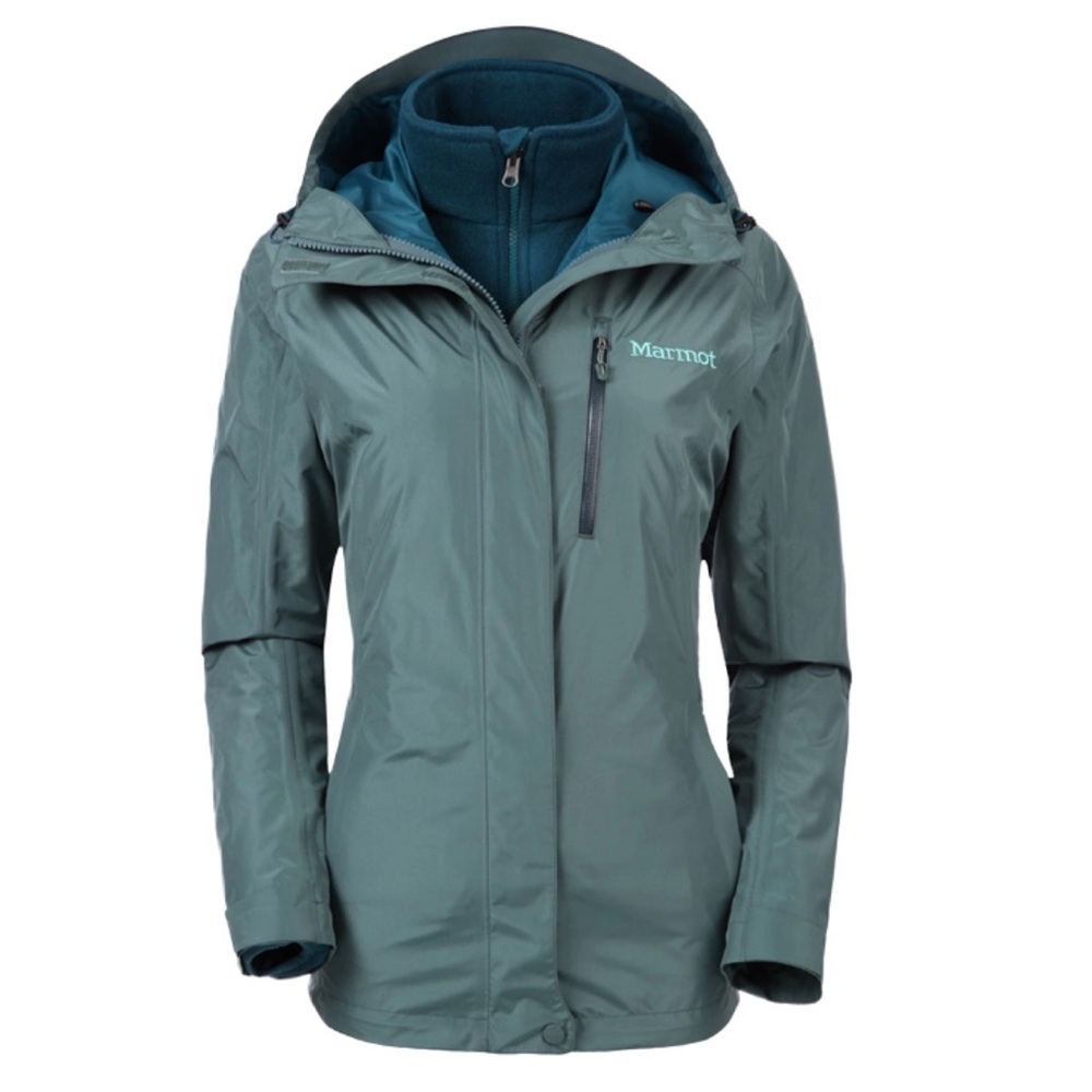 Marmot Ski Hiking Jacket Fleece Rain Hooded Green 2in1